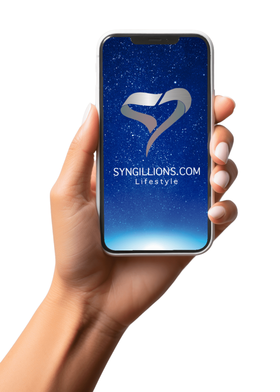 A hand holding an iphone with the logo of synglions. Com on it